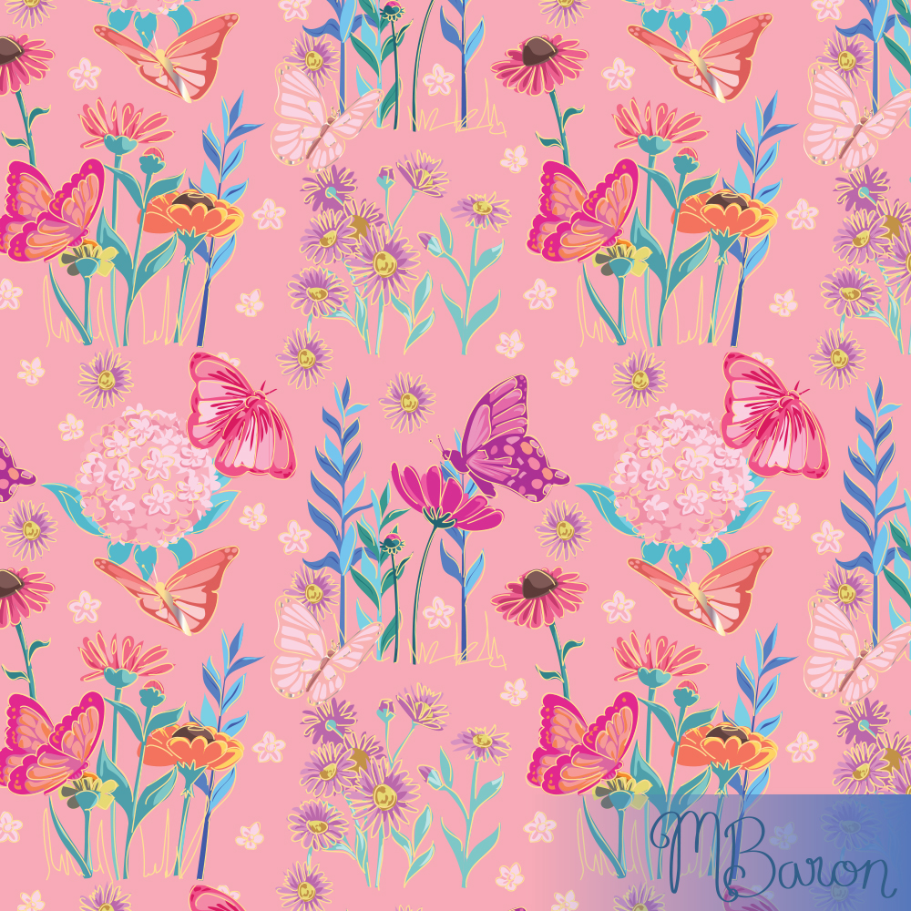 Michelle Baron illustration pink floral butterfly pattern